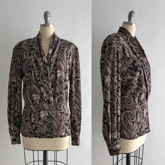 Vintage 80s Paisley Silk Blouse / Vintage 80s Blac
