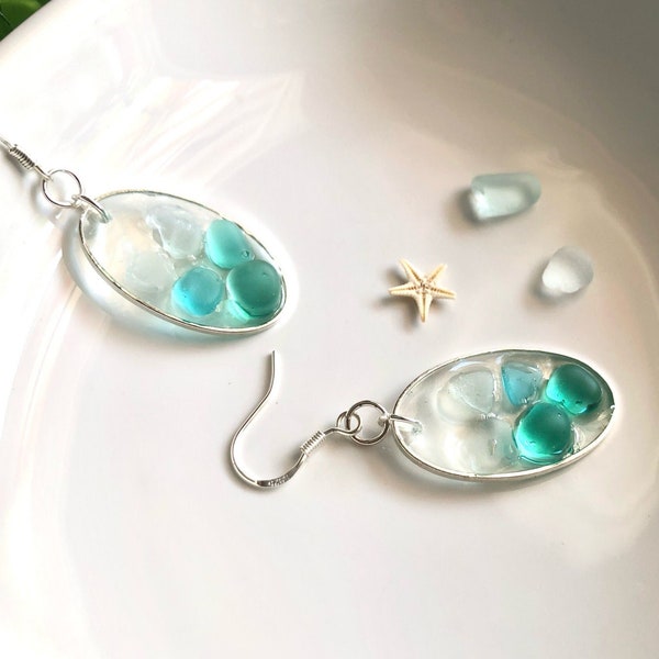 Ombre Teal Green Blue SEA GLASS Earrings, Sea Glass Jewelry, Beach Glass Jewelry, Silver Earrings, Beach Lover Summer Trendy Jewelry