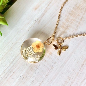 Yellow Dried FLOWER Necklace with Bee Charm