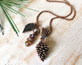 Copper PINE CONE Necklace, Pine Cone Jewelry, Leaf Necklace, Nature Necklace, Nature Inspired, Gift for Mom, Charm Necklace,