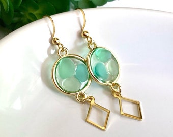 Tropical GREEN SEA GLASS Earrings, Sea Glass Jewelry, Beach Earrings, Beach Glass, Gold Dangle Earrings, Nature Jewelry, Ocean Treasures