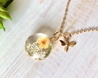 Yellow Dried FLOWER Necklace with Bee Charm