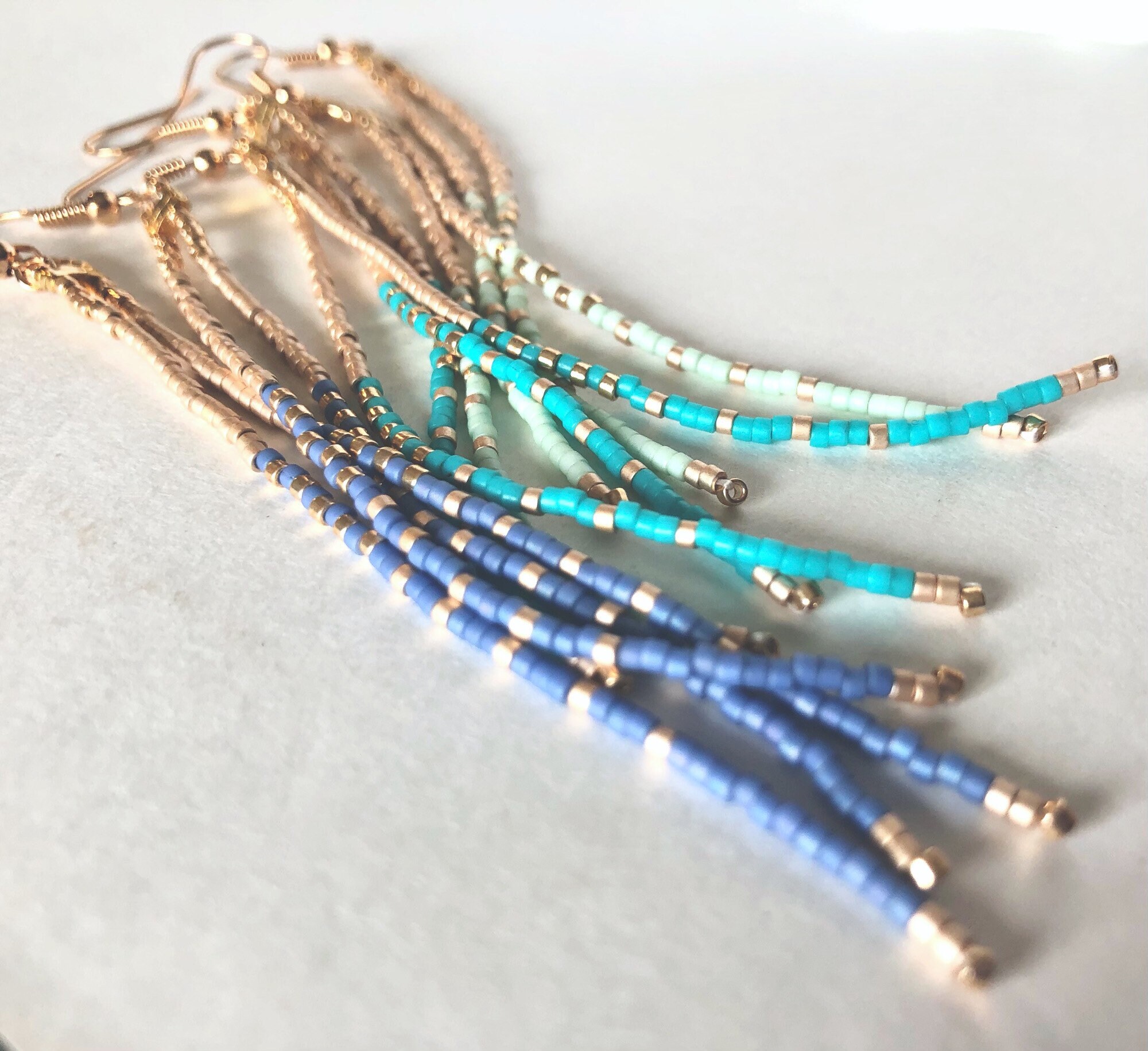 Long DENIM Blue & Gold Tassel Beaded Earrings Handwoven Etsy Canada