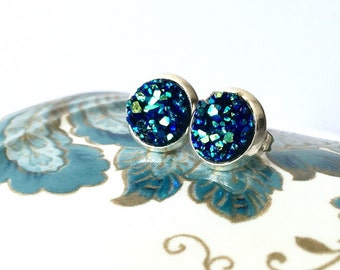 PEACOCK BLUE Druzy Studs, Dainty Druzy Earrings