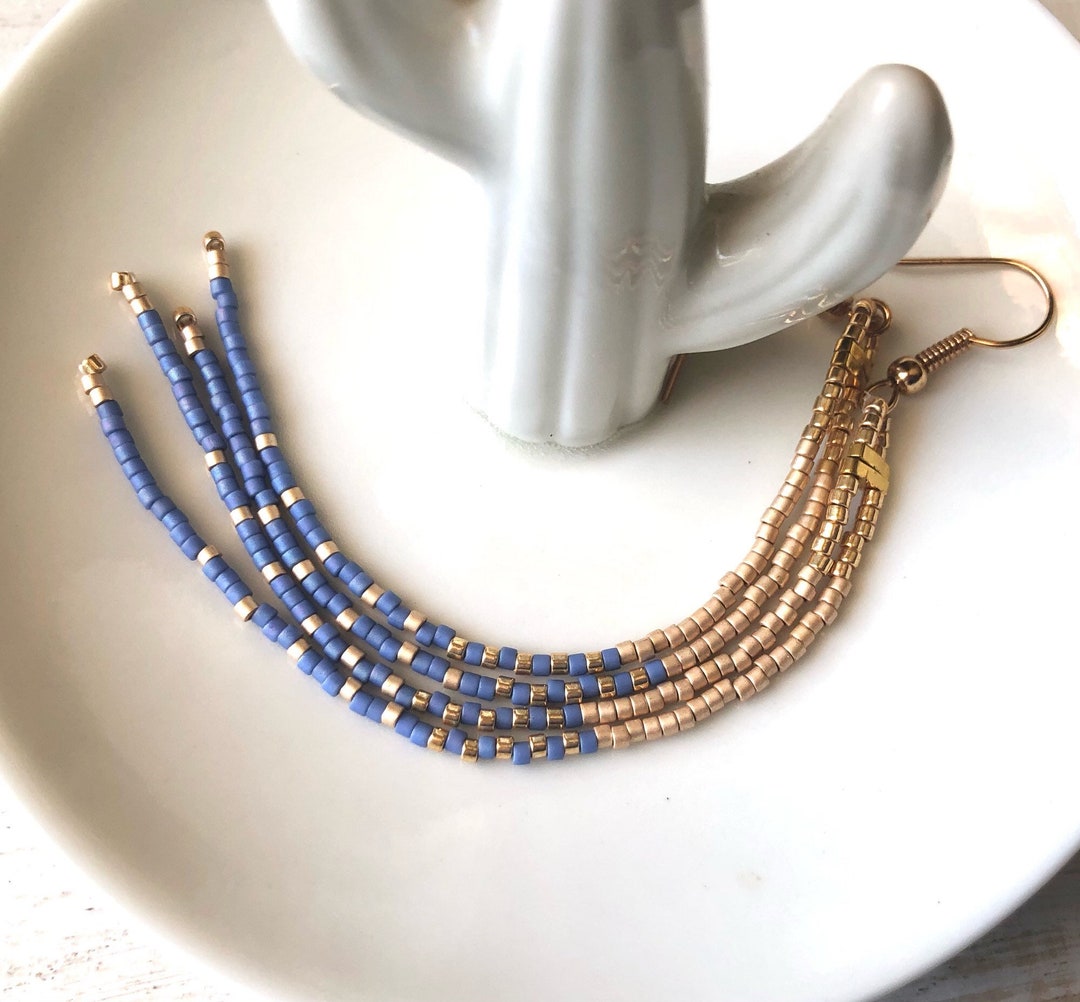 Long DENIM Blue & Gold Tassel Beaded Earrings Handwoven Etsy Canada
