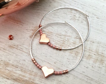 Sterling Silver Hoops with Rose Gold Hearts, Valentine Earrings, Valentine Gift, Heart Jewelry, Gift for Her Wife Girlfriend