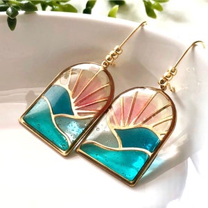 SUNSET Ocean Wave Earrings, Gold Sun Earrings, Mosaic Earrings, Wave Earrings, Beach Jewelry, Brass Earrings, Nature Lover Jewelry