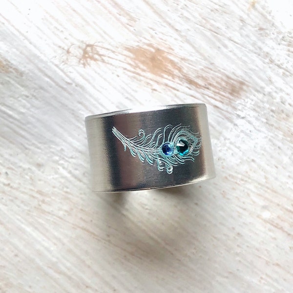 PEACOCK FEATHER Ring with Crystals, Hand stamped Ring