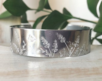 LAVENDER Flower BUTTERFLY Bracelet, Hand Stamped Wide Cuff Bracelet