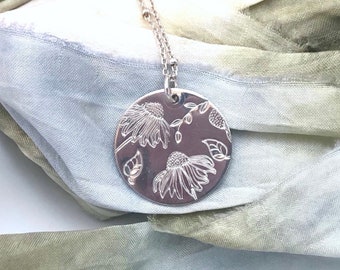 Silver DAISY Flower Necklace, Sterling Silver Chain, Hand Stamped, Minimalist, Circle Pendant, Nature Jewelry, Everyday Necklace, Boho Style