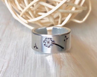 DANDELION Ring, Wish Ring, Dandelion Jewelry, Hand stamped Ring, Flower Ring, Boho Jewelry, Wrap Ring, Flower Jewelry, Nature Jewelry