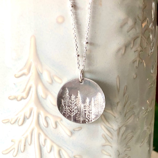 STERLING Silver PINE TREE Necklace, Forest Necklace, Silver Satellite Chain, Tree Jewelry, Hand stamped, Nature Jewelry, Gift for Mom