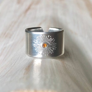 SUN Ring, SUNSHINE Ring, Sunburst Ring, Sun Jewelry, Celestial Ring, Hand Stamped Ring, Boho Ring, November Birthstone, Topaz