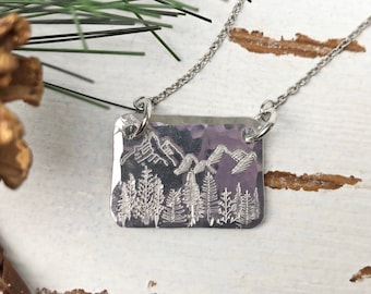 MOUNTAIN Necklace, Pine TREE Necklace, Forest Necklace, Tree Jewelry, Hand stamped Necklace, Nature Lover,