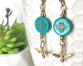 Turquoise Glass BEE Earrings, Bee Jewelry, Honeybee Jewelry, Nature Earrings, Czech Glass Earrings, Bee Lover, Gift for Mom, Gift for Her