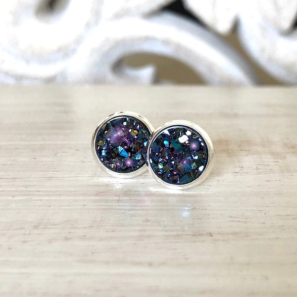 GALAXY Druzy Earrings, Druzy Studs, Blue Druzy Studs, Celestial Earrings, Dainty Earrings, Minimalist Earrings