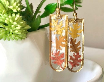 OAK LEAF Earrings, Dried Leaf Earrings, Oak Leaf Jewelry, Tree Earrings, Nature Earrings, REAL Leaf Jewelry, Fall Leaves, Autumn Gold Dangle