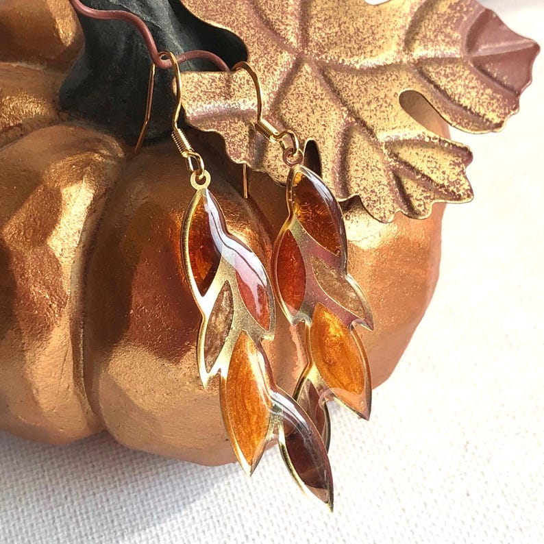 Fall Leaf Plant Earrings, Autumn Leaves, Gold Dangle Earrings, Plant