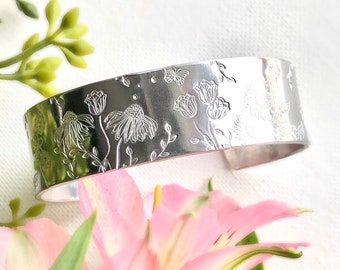 FLOWER GARDEN Bracelet Cuff, Flower Jewelry, Nature Jewelry, Gardener Gift, Mother's Day Gift, Sunflower Bracelet, Butterfly Jewelry