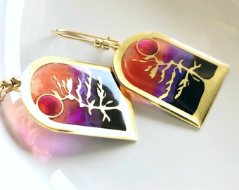 Artisan Muskoka SUNSET Earrings, Pine Tree Earrings, Cottagecore Earrings, Landscape Art Jewelry, Georgian Bay Pine, Colorful Earrings