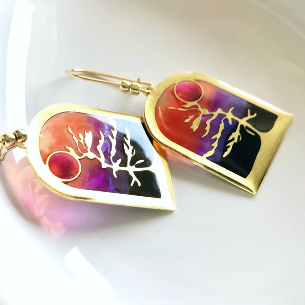 Artisan Muskoka SUNSET Earrings, Pine Tree Earrings, Cottagecore Earrings, Landscape Art Jewelry, Georgian Bay Pine, Colorful Earrings