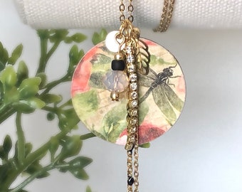 DRAGONFLY Flower Tassel Necklace, Dragonfly Jewelry, Flower Jewelry, Flower Disk Necklace, Nature Jewelry, Boho Necklace, Tassel Necklace