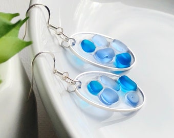 PERIWINKLE and COBALT Dangle Sea Glass Earrings, STERLING Sea Glass Earrings Dangle, Beach Glass Jewelry, Ocean Jewelry, Mixed Blue Earrings