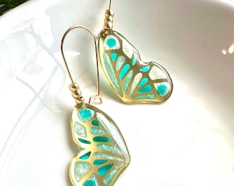 Pale Mint Green and Turquoise BUTTERFLY Earrings, Butterfly Jewelry, Wing Earrings, Nature Jewelry, Stained Glass Inspired, Bohemian Earring