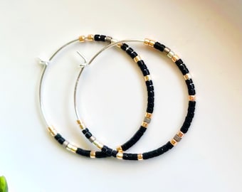 STERLING Silver Black and Gold Hoops, Beaded Hoop Earrings, Everyday Earrings, Minimalist Earrings, 30mm Diameter, Girlfriend Gift for Mom