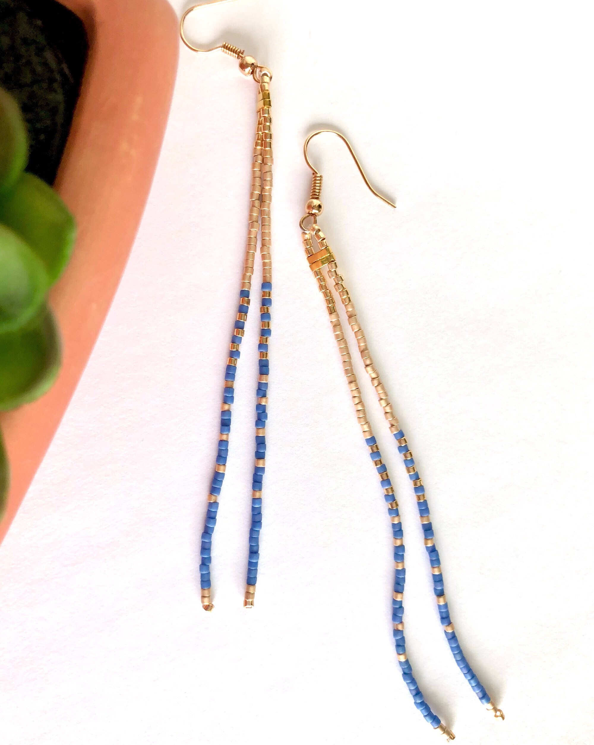 Long DENIM Blue & Gold Tassel Beaded Earrings Handwoven Etsy Canada