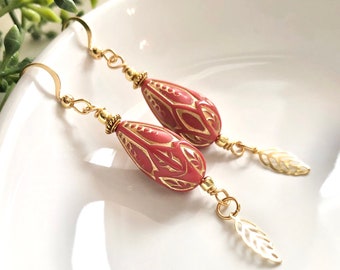 Red Terracotta LEAF Earrings, Teardrop Earrings, Leaf Jewelry, Boho Earrings, Gold Etched Earrings, Ornate Earrings, Elegant Earrings