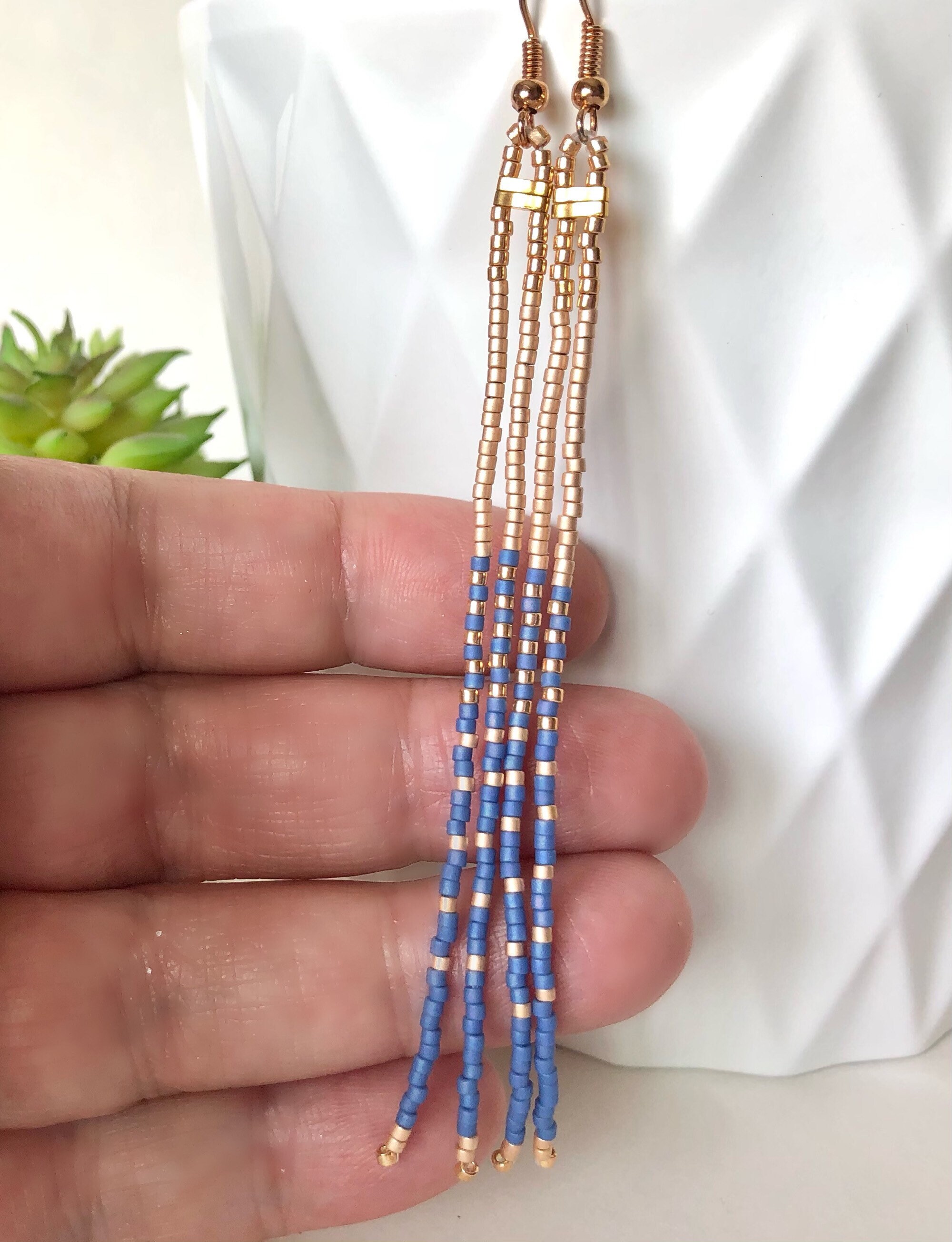 Long DENIM Blue & Gold Tassel Beaded Earrings Handwoven Etsy Canada