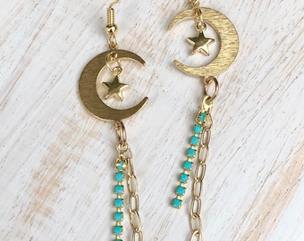 MOON and STAR Earrings, Crescent Moon Earrings, Crescent Moon Jewelry, Celestial Earrings, Moon Child, Gold Dangle Earrings, Boho