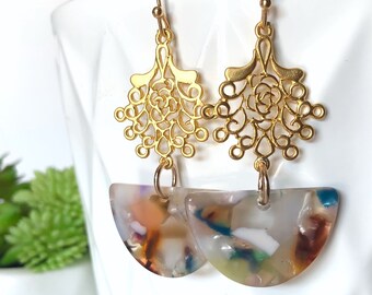 Tortoise Shell Brass Filigree Statement Earrings, Acetate Earrings, Gold Dangle Earrings