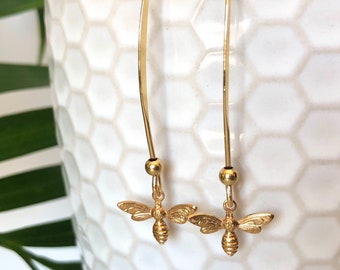 Gold HONEY BEE Earrings, Bee Jewelry, LONG Gold Earrings, Gold Bee Earrings, Bee Earrings, Bee Lover, Long Dainty Earrings, Nature Earrings