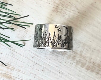 PINE Tree FOREST Ring with Moon And Stars