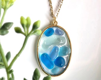 Blue SEA GLASS Pendant Necklace, Sea Glass Jewelry, Cobalt Blue, Seafoam Glass, Beach Glass Necklace, Gold Chain Pendant, Gift for Mom,