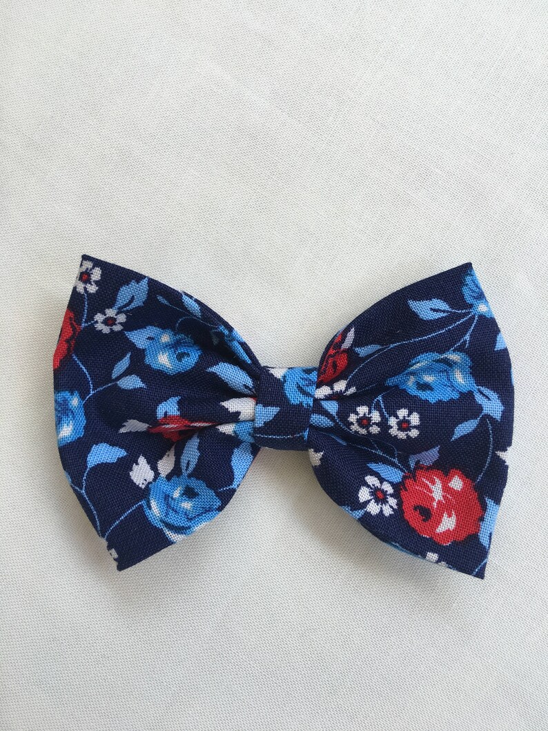 Navy Blue White Red Floral Hair Bow Fabric Hair Bow Etsy