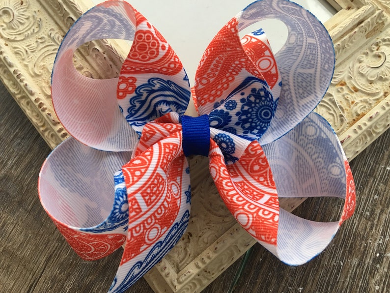 Red White Blue Hair Bow Paisley Hair Bow Large Hair Bows 5 Etsy