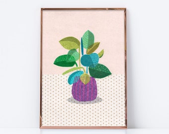 Rubber plant collage. Digital download. Botanical collage printable. Ficus print. Tropical plant print. Botanical print. Botanical printable