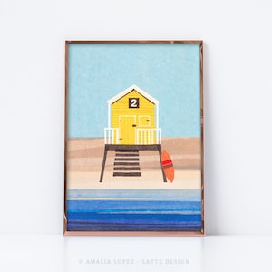 Beach hut 2 collage Beach hut print beach hut art beach hut illustration summer print coastal print coastal decor nautical print coastal art