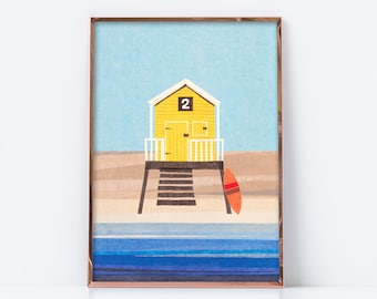 Beach hut 2 collage Beach hut print beach hut art beach hut illustration summer print coastal print coastal decor nautical print coastal art