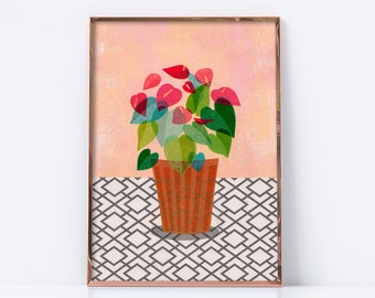 Flamingo flower print. Digital download. Anthurium plant print, Handmade collage print, tropical print, laceleaf print, botanical printable