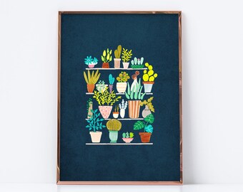 Pots and plants on blue printable. Digital download. Illustration pots in shelves, plants print, gardening lover print, botanical printable