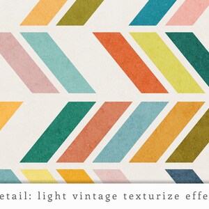 May include: Abstract geometric pattern with a light vintage texture effect. The pattern features a series of colorful chevron shapes in shades of orange, yellow, green, blue, and pink.