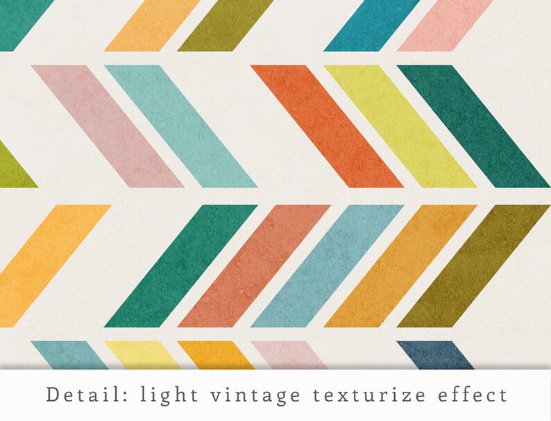 May include: Abstract geometric pattern with a light vintage texture effect. The pattern features a series of colorful chevron shapes in shades of orange, yellow, green, blue, and pink.