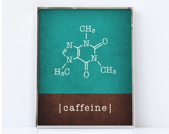 Caffeine printable. Digital download. Coffee print, teal kitchen print, teal coffee poster, caffeine molecule print, caffeine printable
