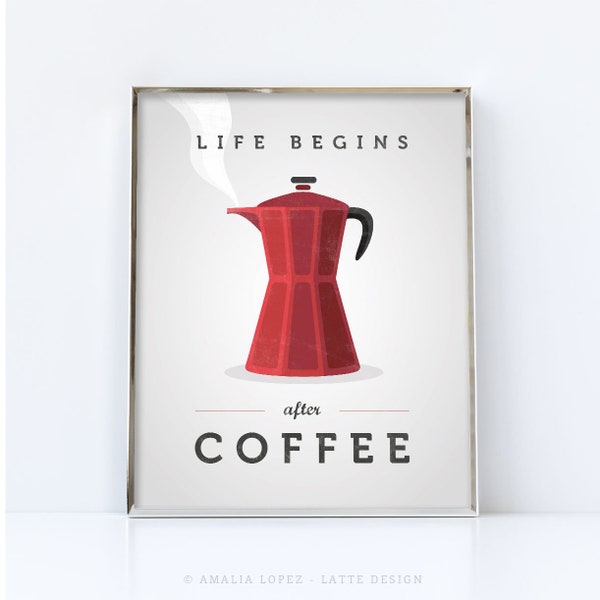 Life begins after coffee print. Digital download. Red coffee printable. Red Kitchen print. Red coffee print. Coffee quote print