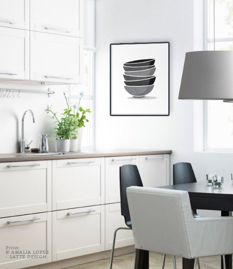 Stacked Bowls Kitchen Print Print Grey Kitchen Decor Grey Etsy