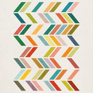 May include: Abstract geometric pattern with colorful chevron shapes in shades of green, blue, yellow, orange, red, pink, and brown. The pattern is repeated in a diagonal direction.